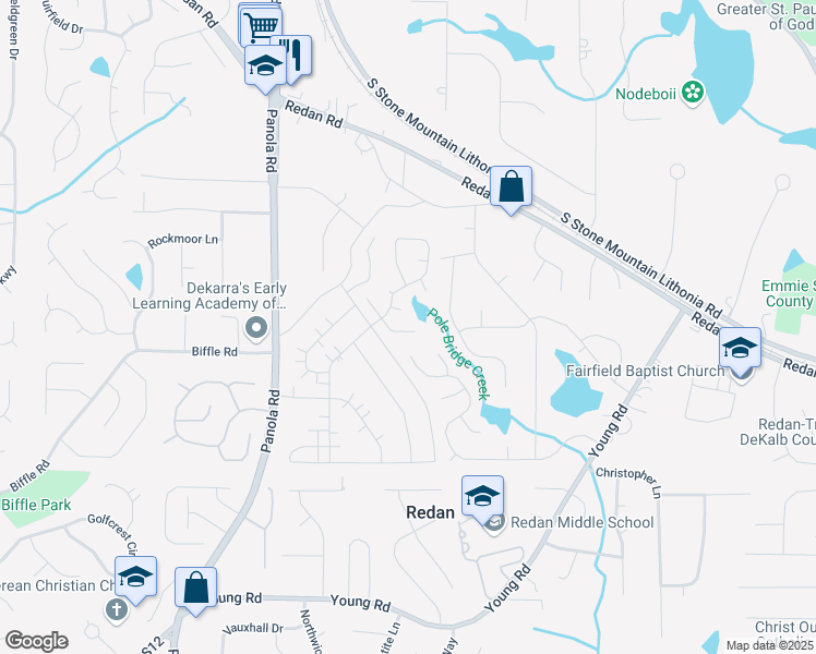 map of restaurants, bars, coffee shops, grocery stores, and more near 5598 Emerald Glen in Stone Mountain