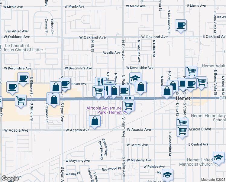 map of restaurants, bars, coffee shops, grocery stores, and more near 133 North Western Avenue in Hemet