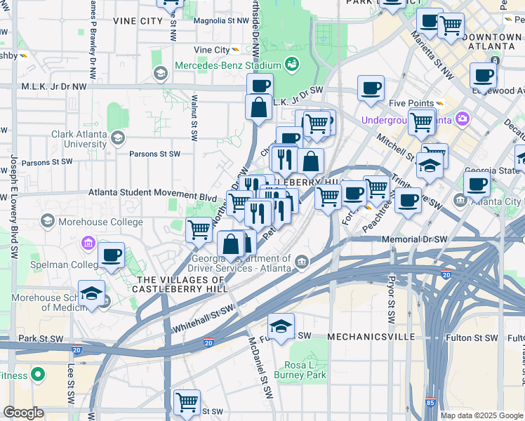 map of restaurants, bars, coffee shops, grocery stores, and more near 238 Walker Street Southwest in Atlanta