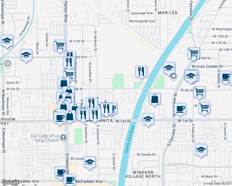 map of restaurants, bars, coffee shops, grocery stores, and more near 3230 West 5th Street in Santa Ana