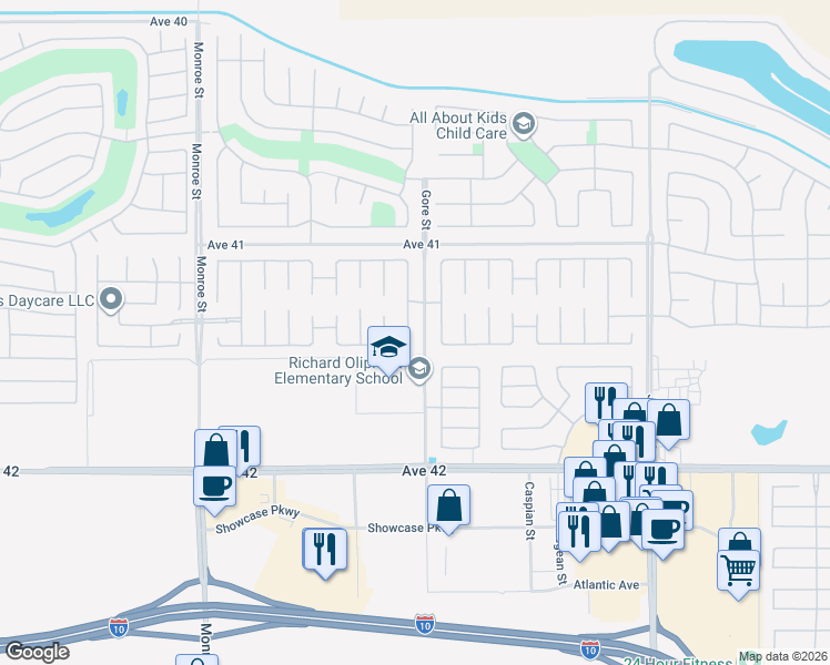 map of restaurants, bars, coffee shops, grocery stores, and more near 41394 Hanover Street in Indio