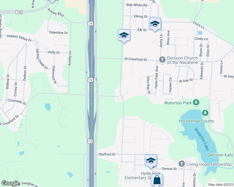 map of restaurants, bars, coffee shops, grocery stores, and more near 3001 West Crawford Street in Denison