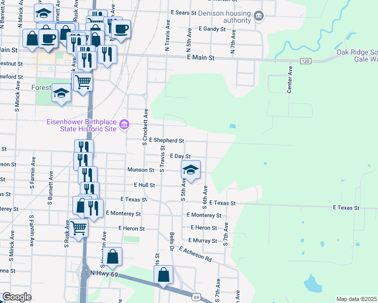 map of restaurants, bars, coffee shops, grocery stores, and more near 515 East Day Street in Denison