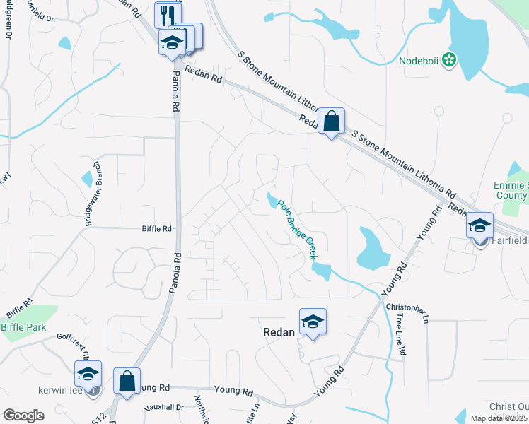 map of restaurants, bars, coffee shops, grocery stores, and more near 5588 Emerald Glen in Stone Mountain