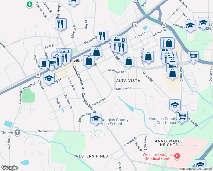 map of restaurants, bars, coffee shops, grocery stores, and more near 8515 Duncan Street in Douglasville