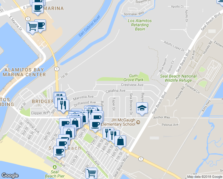 map of restaurants, bars, coffee shops, grocery stores, and more near 1235 Catalina Avenue in Seal Beach