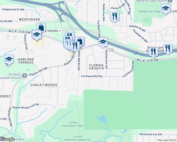 map of restaurants, bars, coffee shops, grocery stores, and more near 272 Silver Springs Circle Southwest in Atlanta