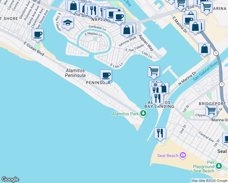 map of restaurants, bars, coffee shops, grocery stores, and more near 6420 East Bayshore Walk in Long Beach