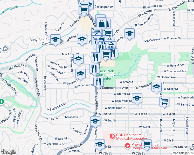 map of restaurants, bars, coffee shops, grocery stores, and more near 29601 California 213 in Rancho Palos Verdes