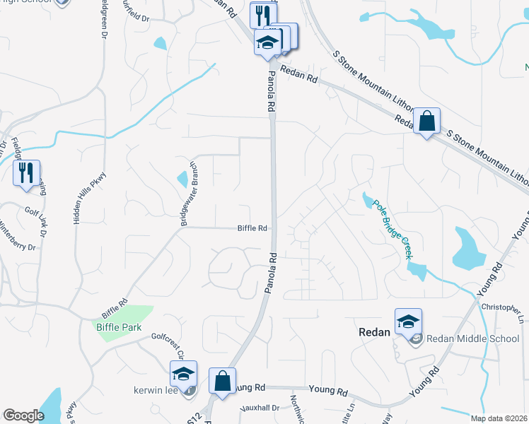 map of restaurants, bars, coffee shops, grocery stores, and more near 1479 Panola Road in Stone Mountain