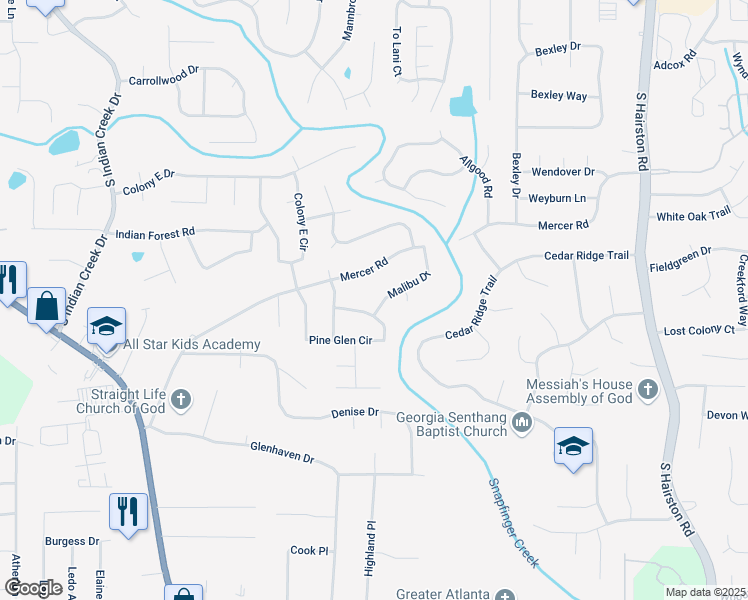 map of restaurants, bars, coffee shops, grocery stores, and more near 4424 Malibu Drive in Decatur