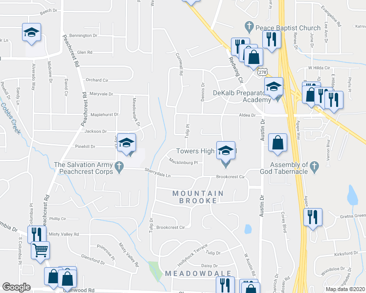 map of restaurants, bars, coffee shops, grocery stores, and more near 3287 Tulip Drive in Decatur