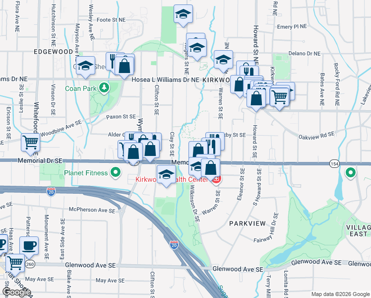 map of restaurants, bars, coffee shops, grocery stores, and more near 170 Clay Street Southeast in Atlanta