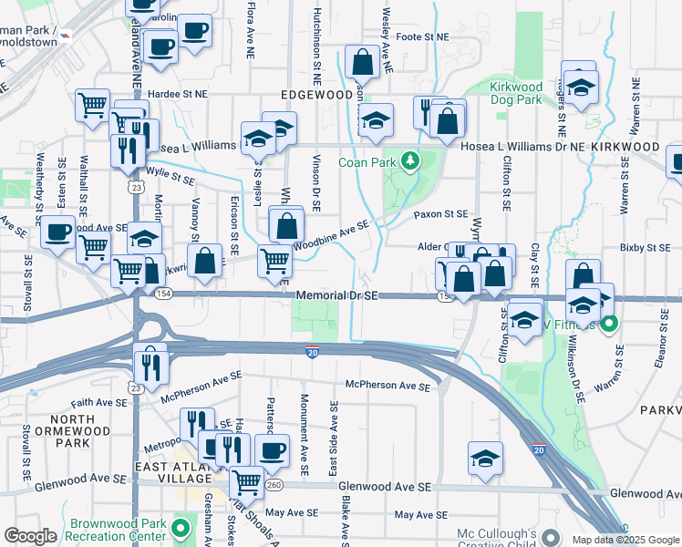 map of restaurants, bars, coffee shops, grocery stores, and more near 176 Woodbine Circle Southeast in Atlanta