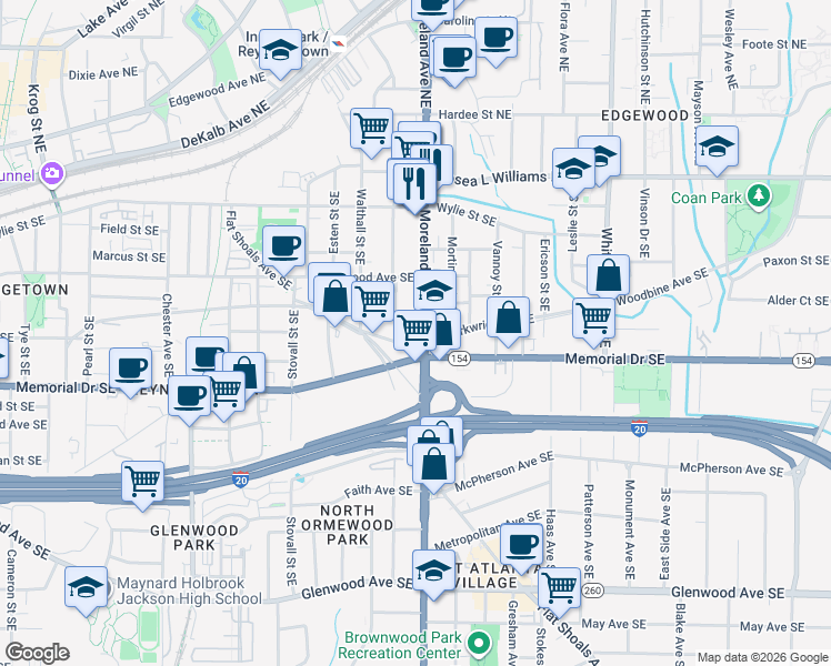 map of restaurants, bars, coffee shops, grocery stores, and more near 183 Moreland Avenue Southeast in Atlanta