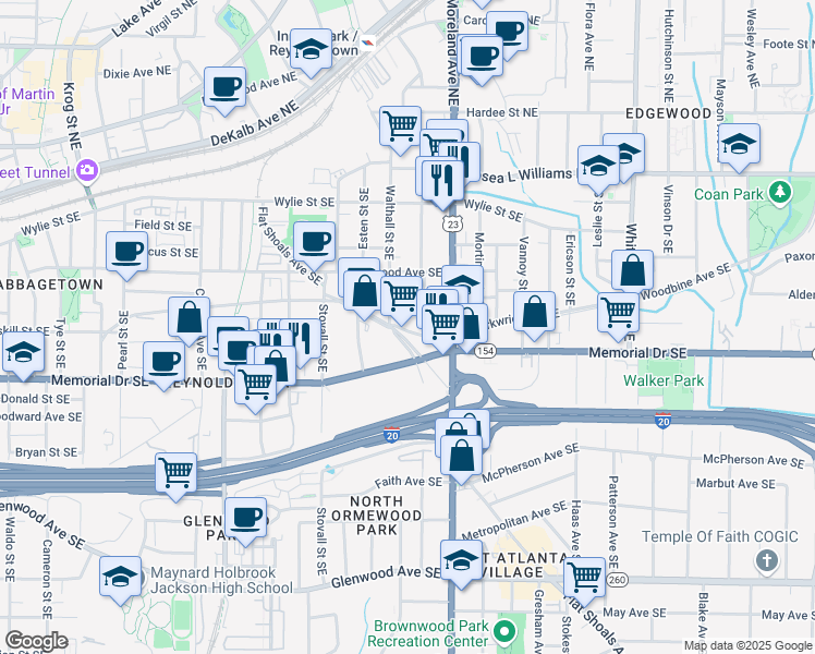 map of restaurants, bars, coffee shops, grocery stores, and more near 187 Cleveland Street Southeast in Atlanta