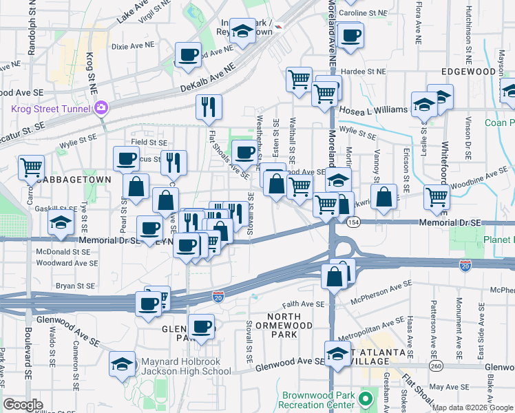 map of restaurants, bars, coffee shops, grocery stores, and more near 194 Stovall Street Southeast in Atlanta