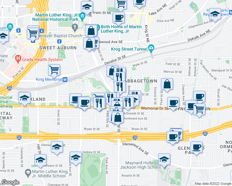 map of restaurants, bars, coffee shops, grocery stores, and more near 228 Boulevard Southeast in Atlanta