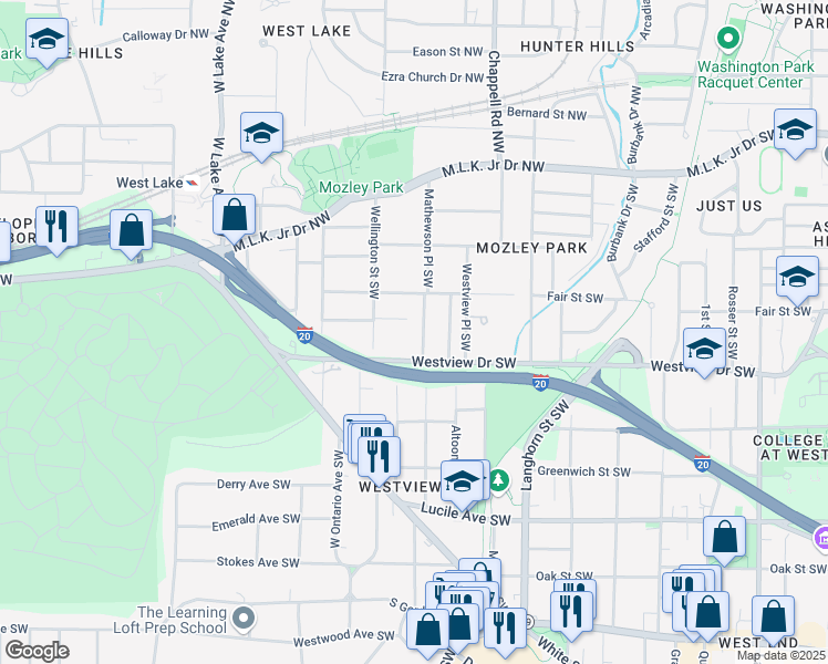 map of restaurants, bars, coffee shops, grocery stores, and more near 245 Mathewson Place Southwest in Atlanta