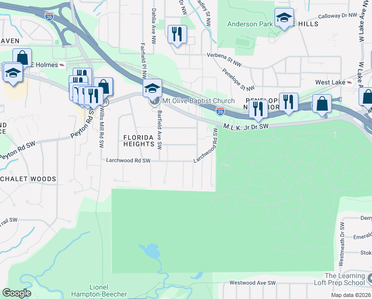 map of restaurants, bars, coffee shops, grocery stores, and more near 2166 Wingate Street Southwest in Atlanta