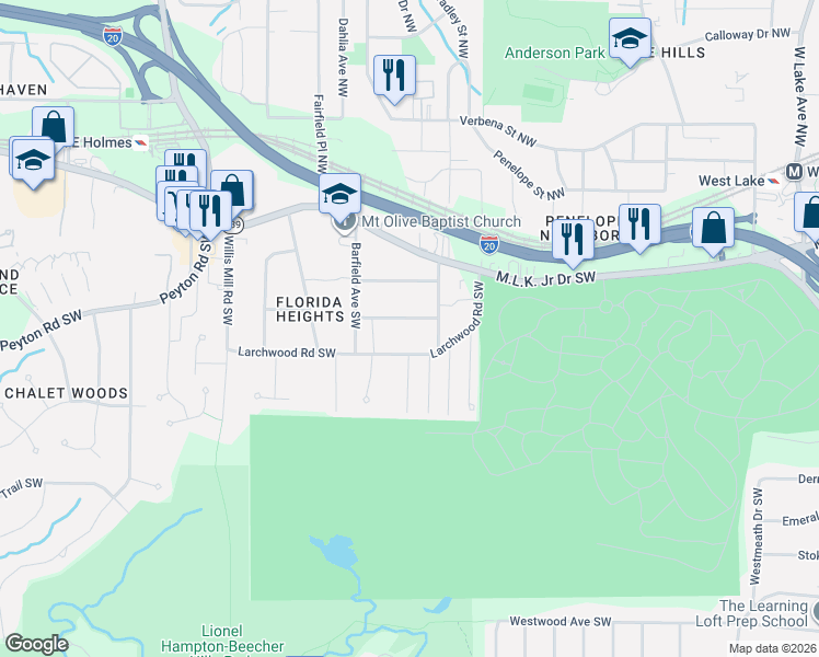 map of restaurants, bars, coffee shops, grocery stores, and more near 2166 Wingate Street Southwest in Atlanta