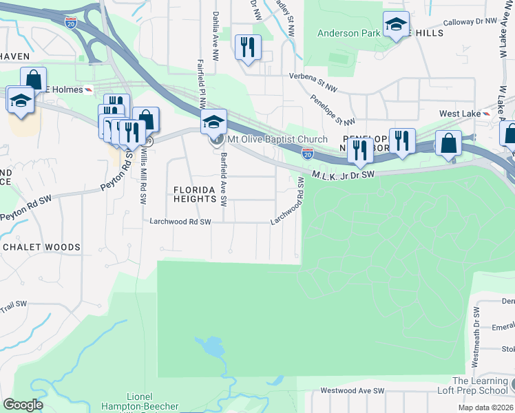map of restaurants, bars, coffee shops, grocery stores, and more near 2166 Wingate Street Southwest in Atlanta