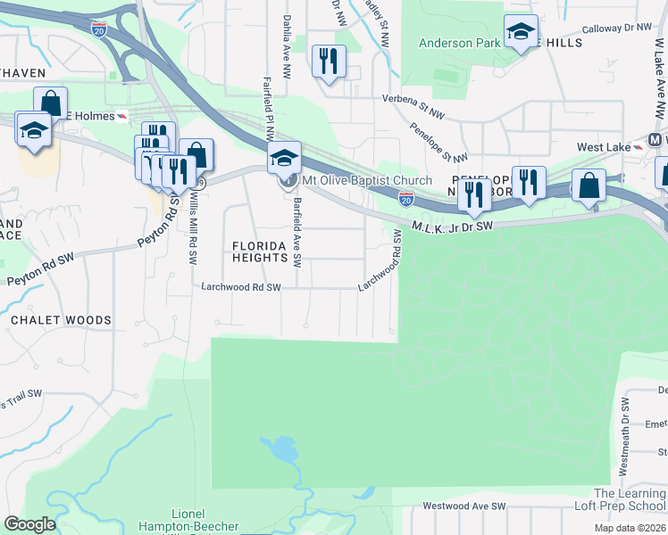 map of restaurants, bars, coffee shops, grocery stores, and more near 2210 Wingate Street Southwest in Atlanta