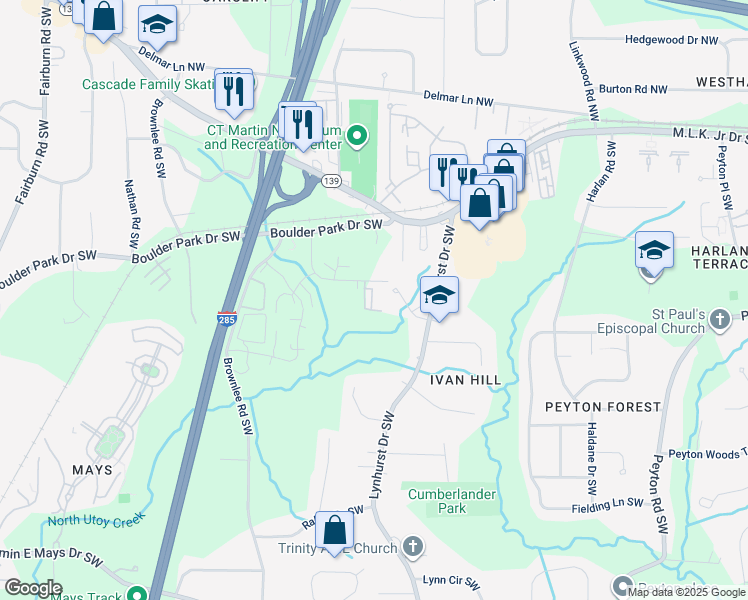 map of restaurants, bars, coffee shops, grocery stores, and more near 3164 Cushman Circle Southwest in Atlanta