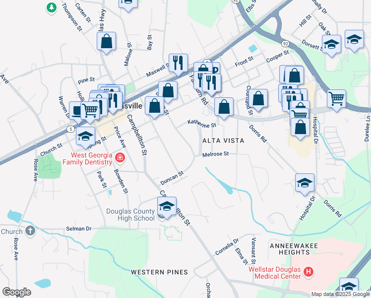 map of restaurants, bars, coffee shops, grocery stores, and more near 8523 Duncan Street in Douglasville
