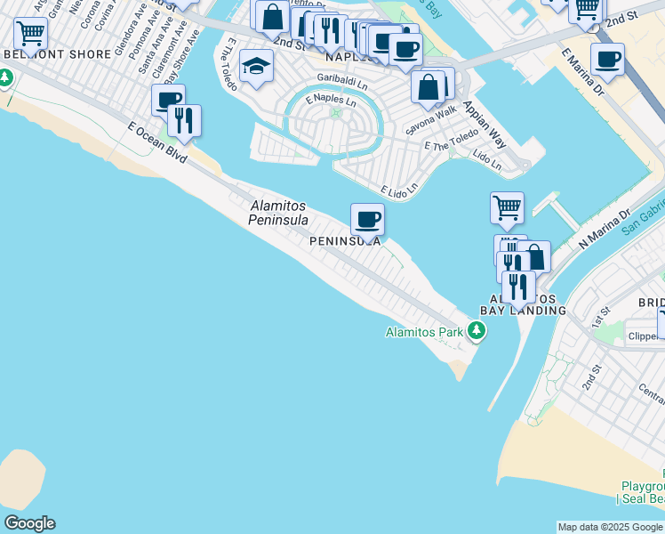 map of restaurants, bars, coffee shops, grocery stores, and more near 6025 East Seaside Walk in Long Beach