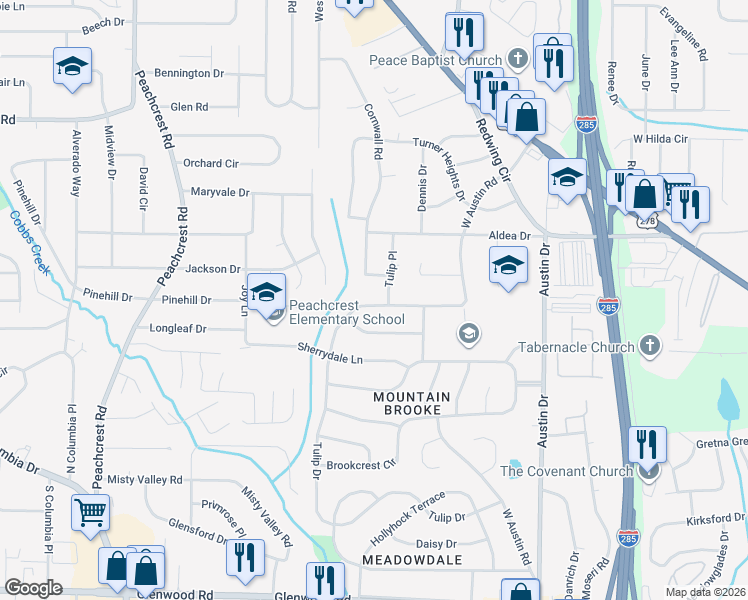map of restaurants, bars, coffee shops, grocery stores, and more near 3287 Tulip Drive in Decatur