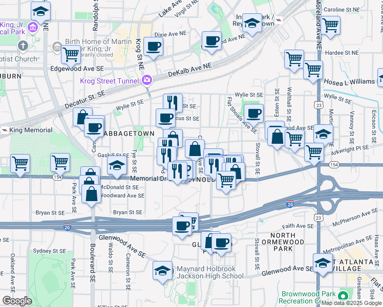 map of restaurants, bars, coffee shops, grocery stores, and more near 215 Chester Avenue Southeast in Atlanta