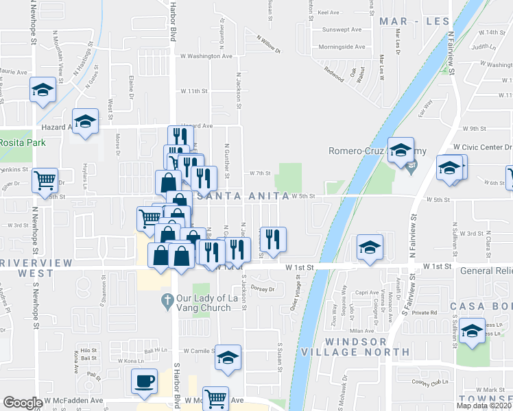 map of restaurants, bars, coffee shops, grocery stores, and more near 416 North Laurel Street in Santa Ana