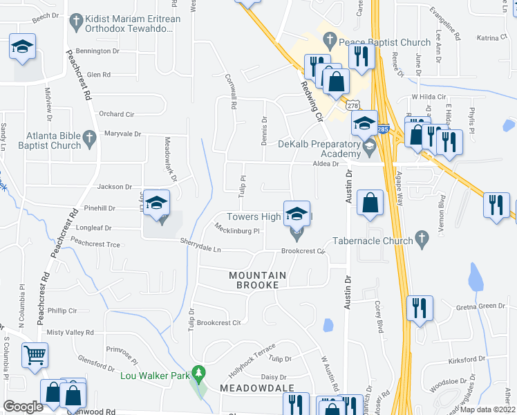 map of restaurants, bars, coffee shops, grocery stores, and more near 3245 Tulip Drive in Decatur
