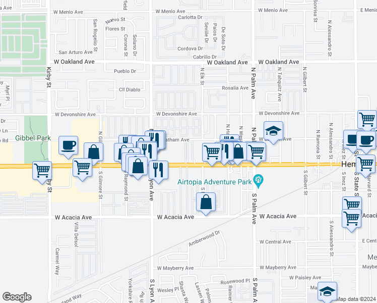 map of restaurants, bars, coffee shops, grocery stores, and more near 1380 West Florida Avenue in Hemet