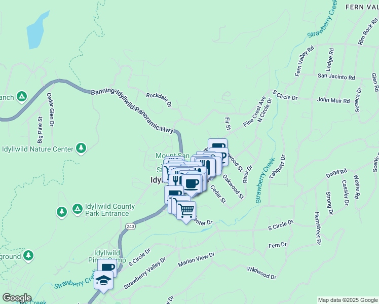 map of restaurants, bars, coffee shops, grocery stores, and more near 25860 Banning-Idyllwild Panoramic Highway in Idyllwild-Pine Cove