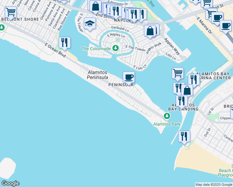 map of restaurants, bars, coffee shops, grocery stores, and more near 6025 East Seaside Walk in Long Beach