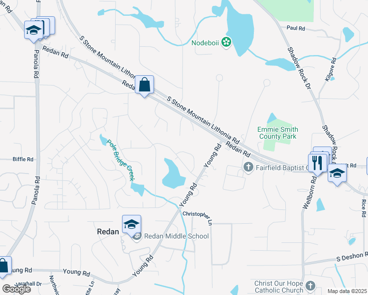 map of restaurants, bars, coffee shops, grocery stores, and more near 5760 Albans Circle in Lithonia
