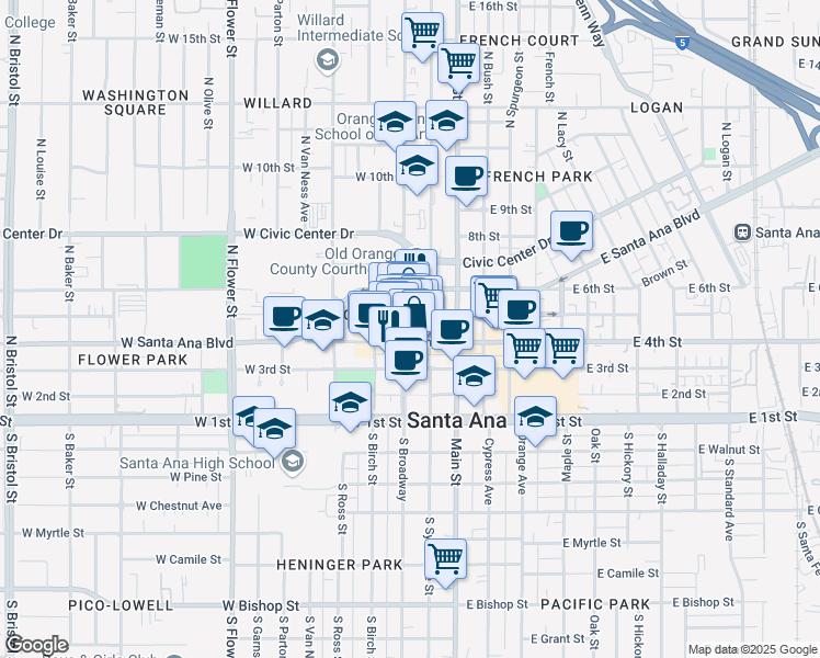 map of restaurants, bars, coffee shops, grocery stores, and more near 302 West 5th Street in Santa Ana