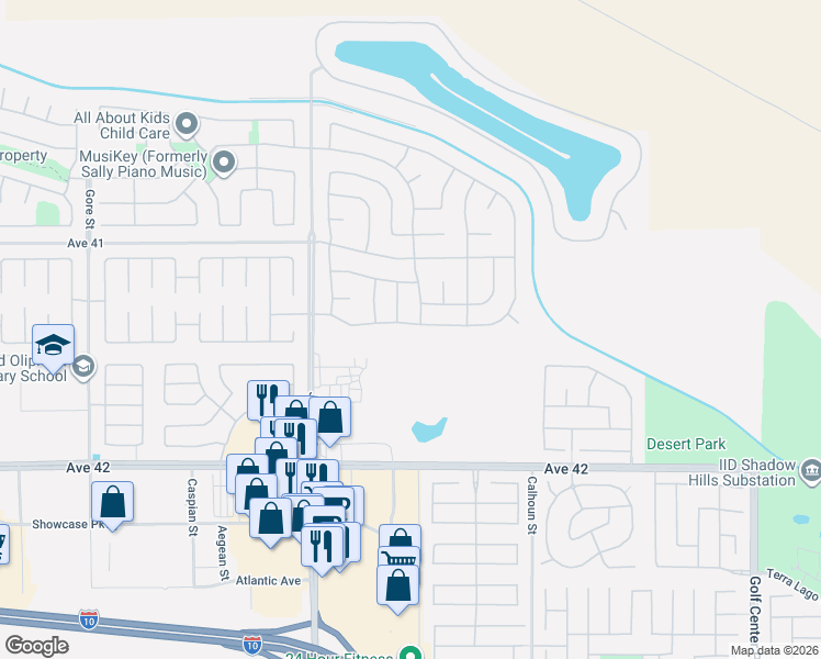 map of restaurants, bars, coffee shops, grocery stores, and more near 83237 Greenbrier Drive in Indio