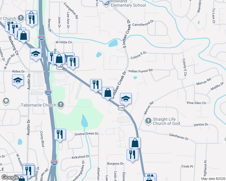 map of restaurants, bars, coffee shops, grocery stores, and more near 1651 South Indian Creek Drive in Stone Mountain