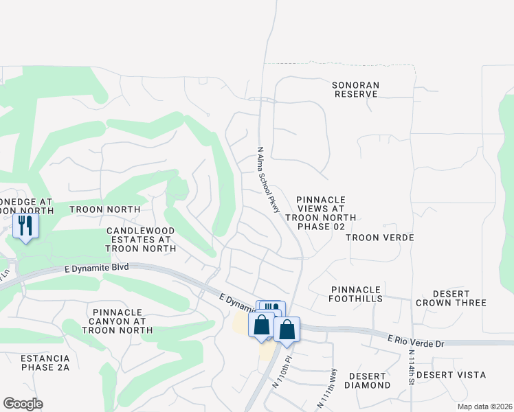 map of restaurants, bars, coffee shops, grocery stores, and more near 10906 East Southwind Lane in Scottsdale