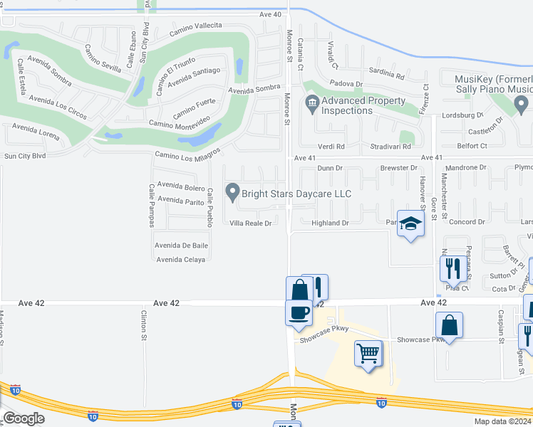 map of restaurants, bars, coffee shops, grocery stores, and more near 81917 Villa Palazzo in Indio