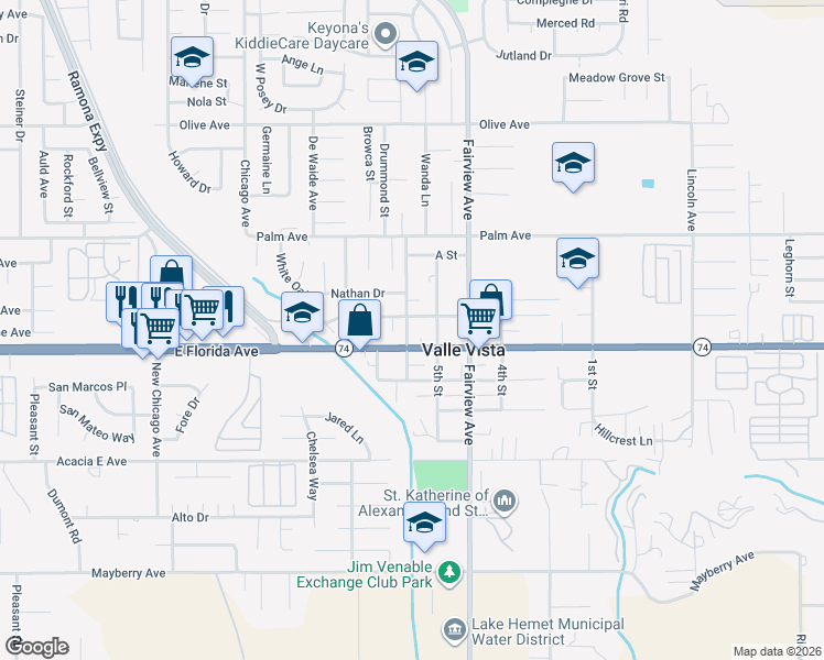 map of restaurants, bars, coffee shops, grocery stores, and more near 25708 6th Street in Hemet