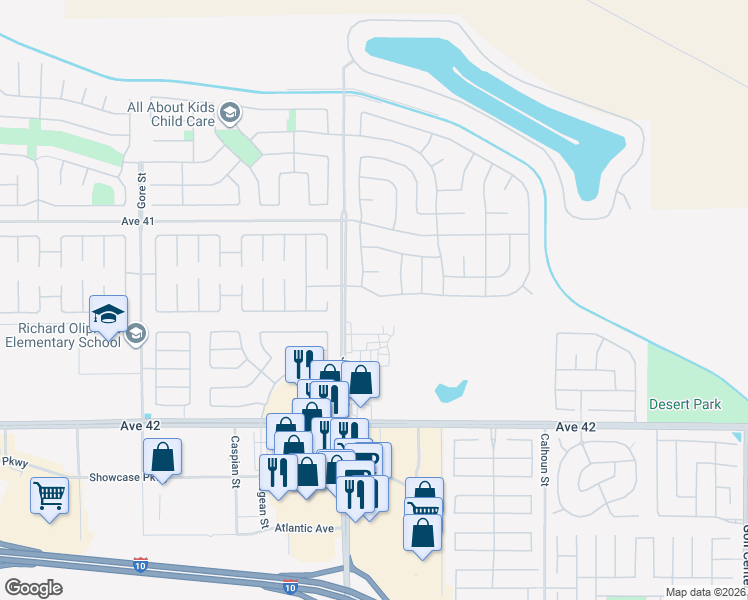 map of restaurants, bars, coffee shops, grocery stores, and more near 83079 Greenbrier Drive in Indio