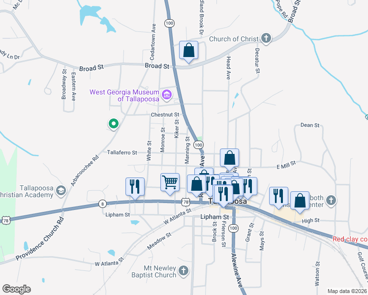 map of restaurants, bars, coffee shops, grocery stores, and more near 250 Manning Street in Tallapoosa