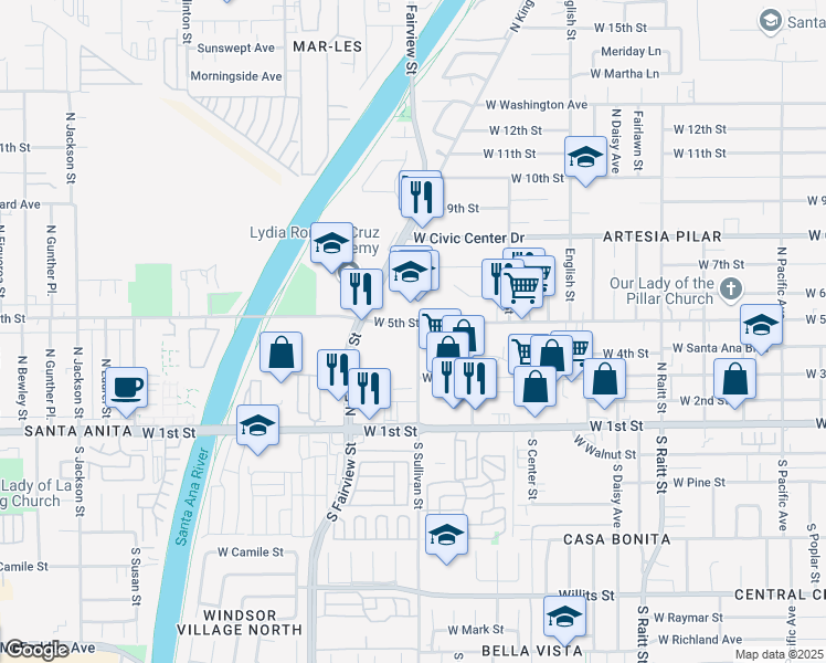 map of restaurants, bars, coffee shops, grocery stores, and more near 810 North Sullivan Street in Santa Ana