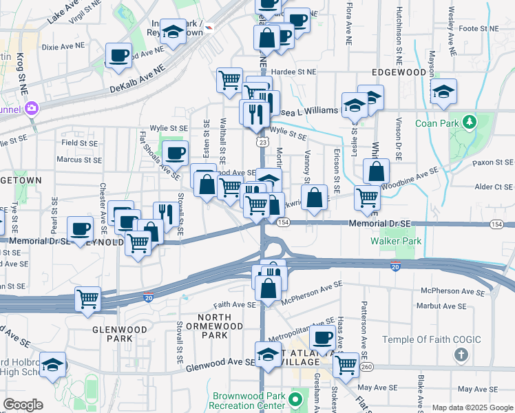 map of restaurants, bars, coffee shops, grocery stores, and more near 183 Moreland Avenue Southeast in Atlanta