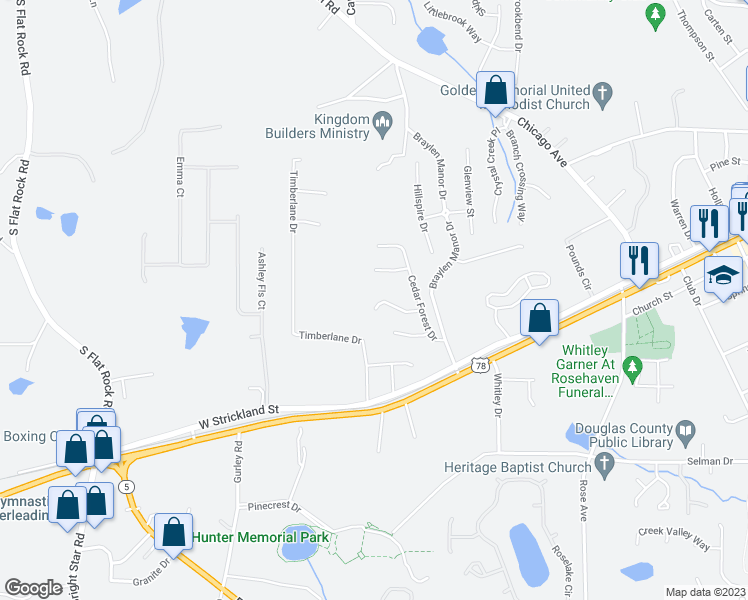 map of restaurants, bars, coffee shops, grocery stores, and more near 8419 Cyprus Ridge Way in Douglasville