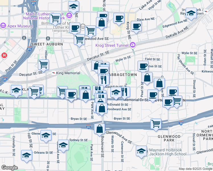 map of restaurants, bars, coffee shops, grocery stores, and more near 608 Gaskill Street Southeast in Atlanta